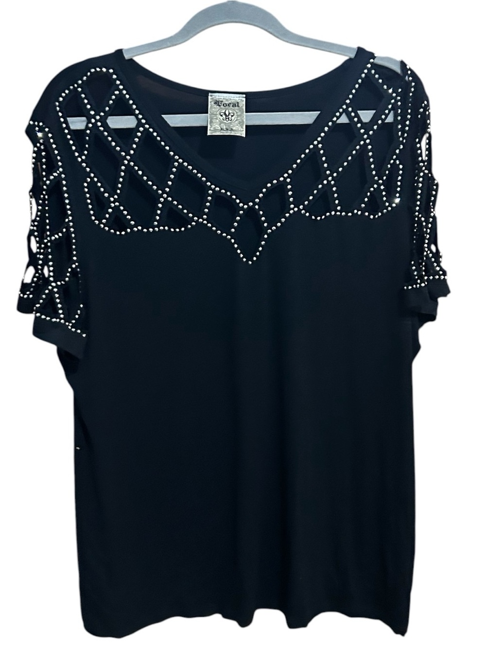 Vocal Black Short Sleeve Top with Silver Stud Detailing Size 2XL